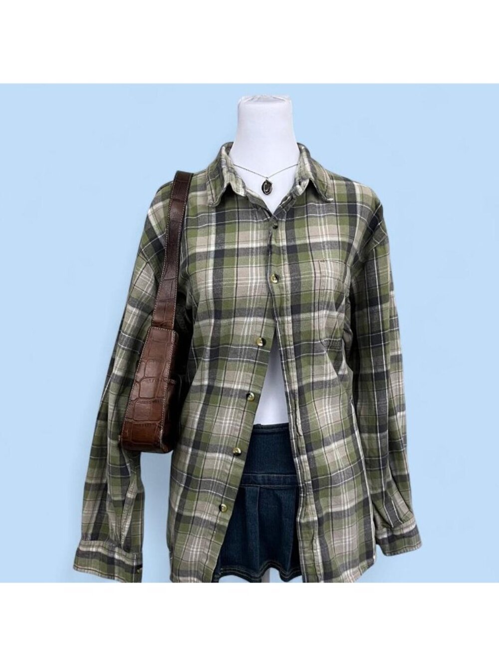 green gray plaid indie skater grunge button up flannel shirt